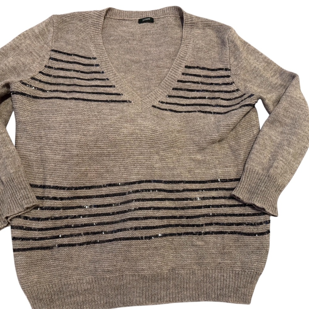Striped V-Neck Sweater - Beige